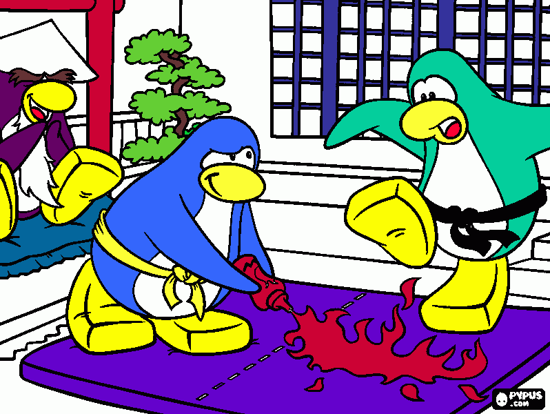 PINGUINS LUTANDO CARATE NO DOJO DO CLUB PENGUIN para colorir e imprimir