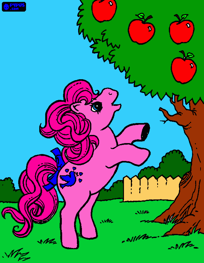 PINKIE PIE tentando pegar uma maçã na árvore... para colorir e imprimir