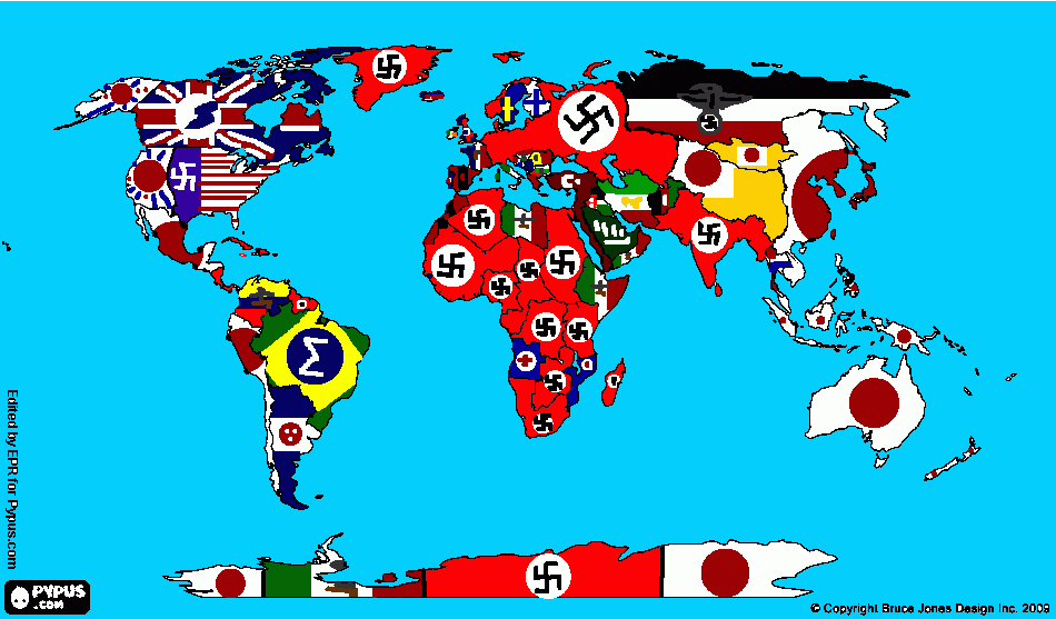 Possivel mapa mundi se o Eixo vencesse a Segunda Guerra Mundial para colorir e imprimir