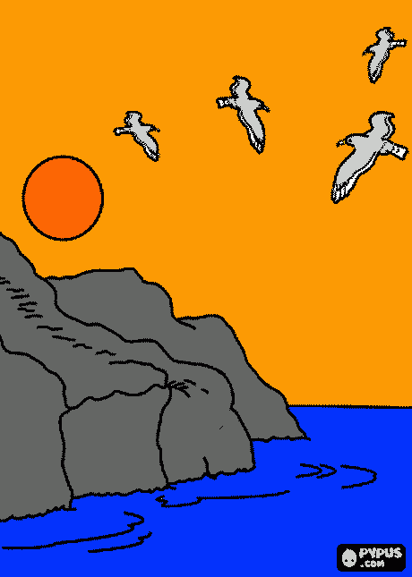 praia com gaivotas voando... para colorir e imprimir