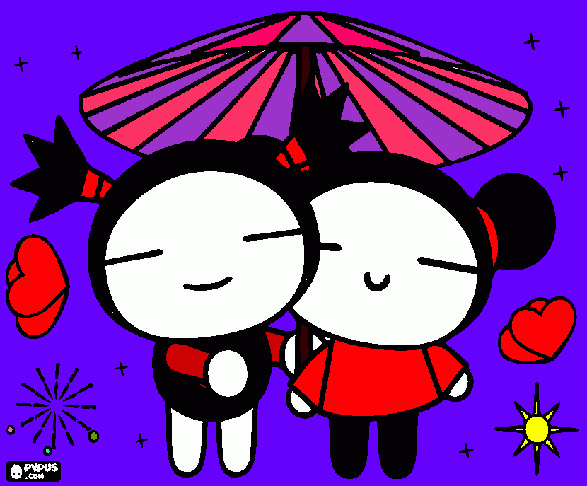 pucca e garu dois bonequinhos em uma bela noite com um guarda-chuva e um romance lindo e forte para colorir e imprimir