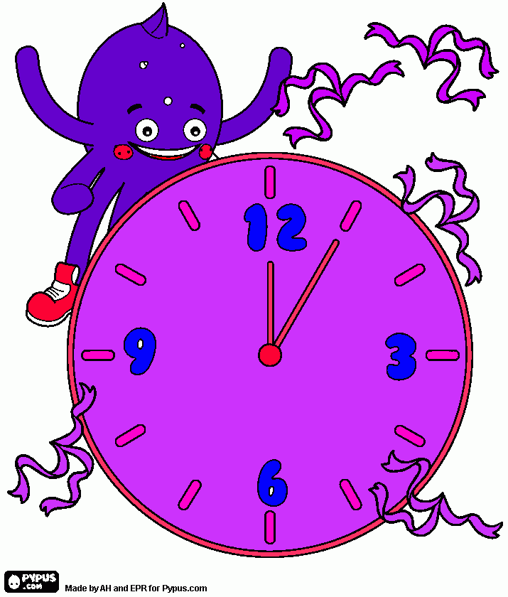 pypus com o relogio para colorir e imprimir