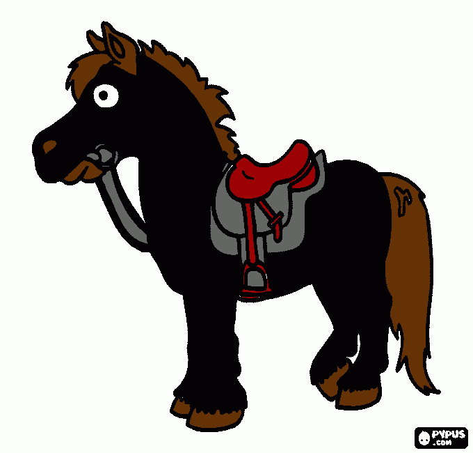 Pônei ou um Cavalo pequeno, com as rédeas e sela para colorir e imprimir