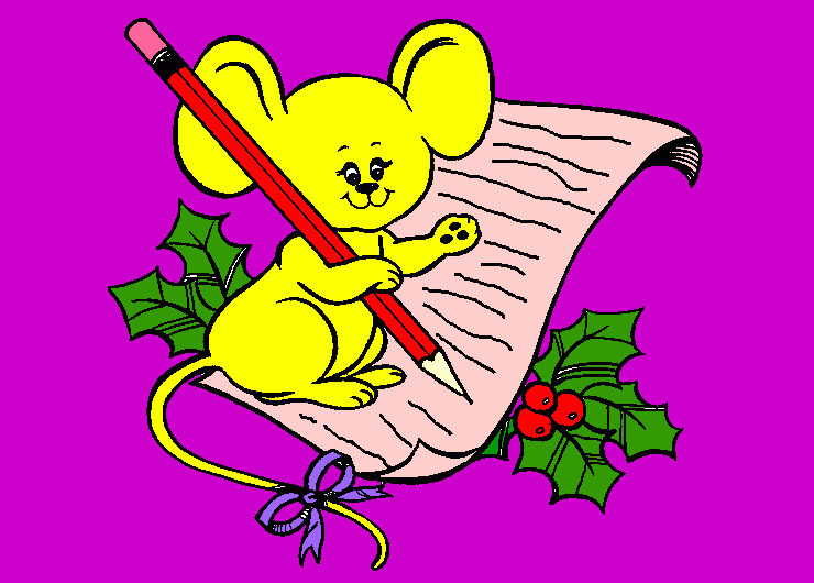 ratinha com um lapis na mão com um papel fazendo uma carta pro papai noel para colorir e imprimir