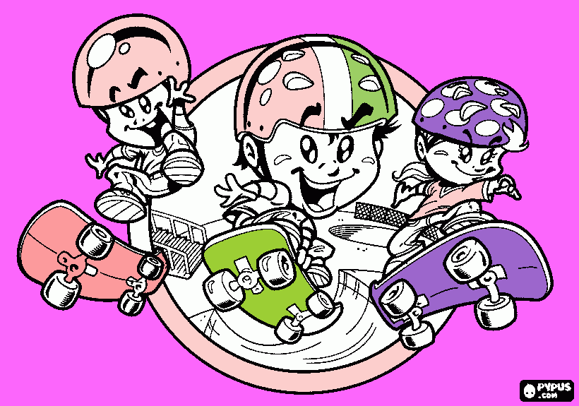 Rita e as amigas a andar de skate para colorir e imprimir