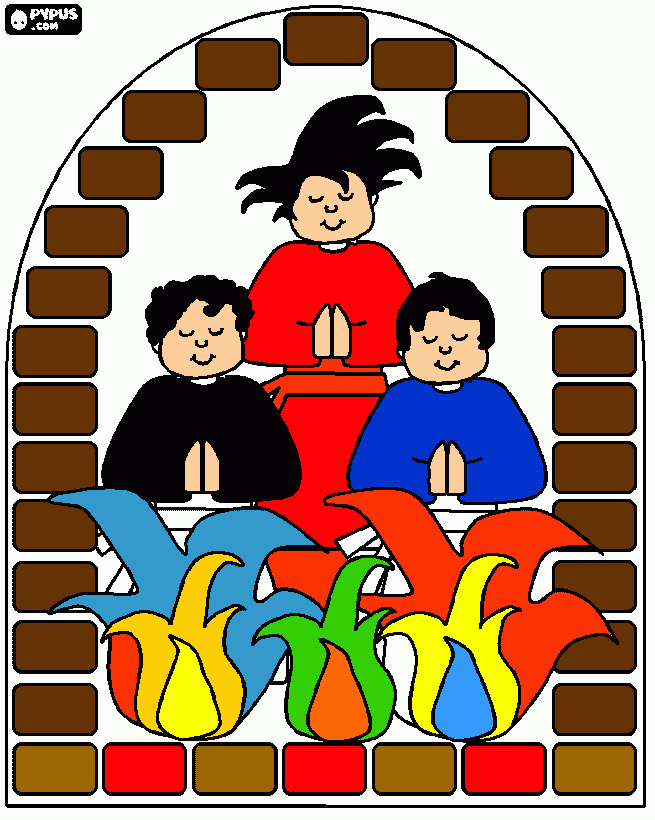 Sadraque, Mesaque e Abednego na fornalha para colorir e imprimir