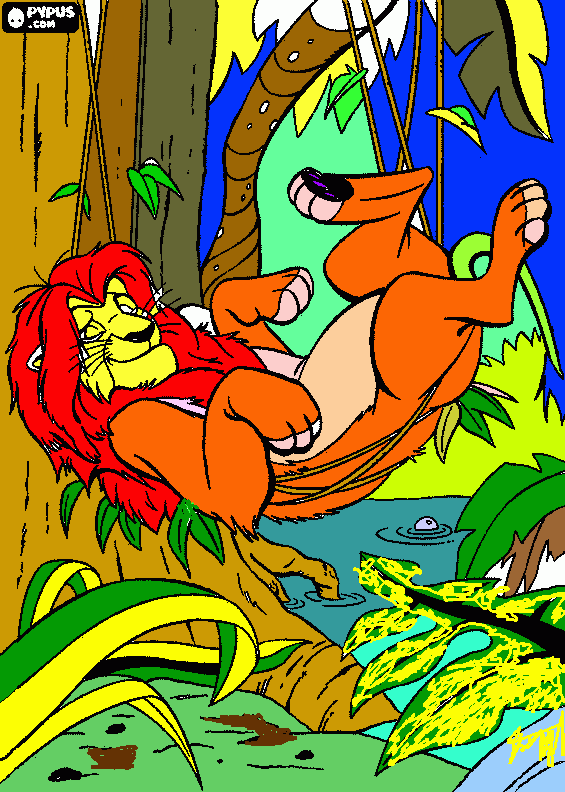 Simba a baloiçar na arvore para colorir e imprimir