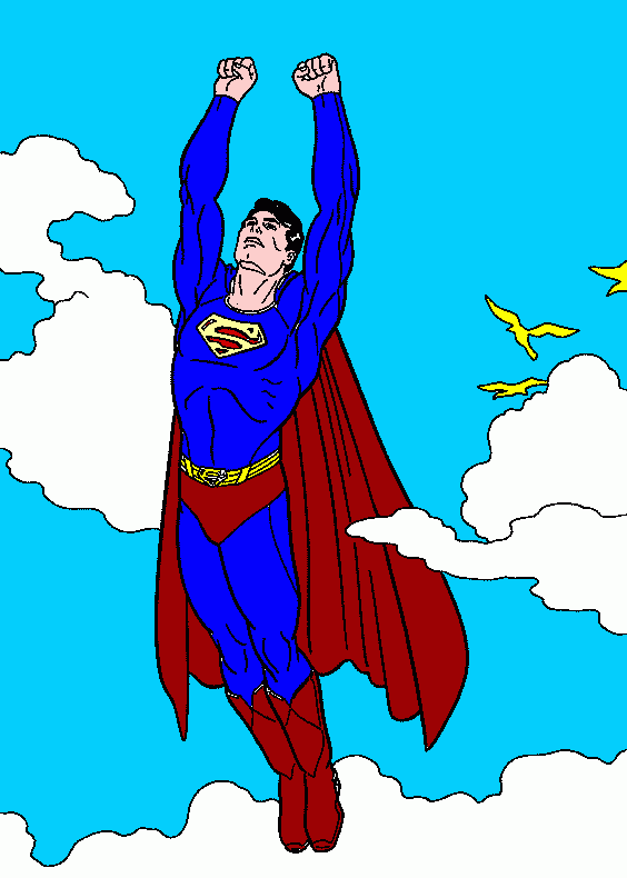 Superman voando com os pássaros no céu para colorir e imprimir