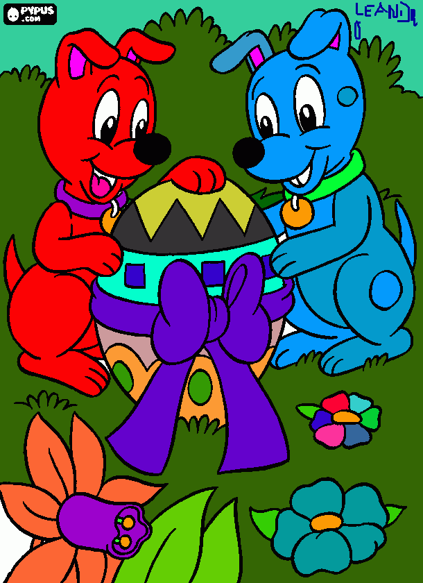 São dois cachorrinhos felizes de encontrar um belo ovo de Páscoa para colorir e imprimir