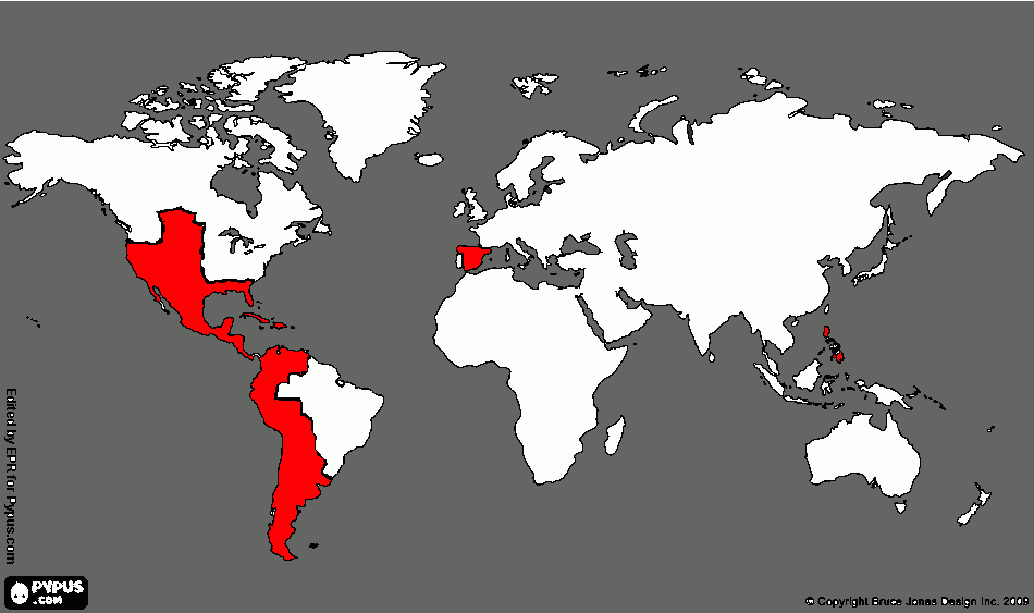 Tamanho do Império Espanhol comparado com o mundo para colorir e imprimir