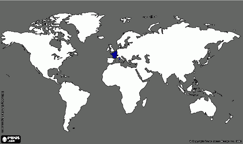 Tamanho do Reino da França comparado com o mundo para colorir e imprimir