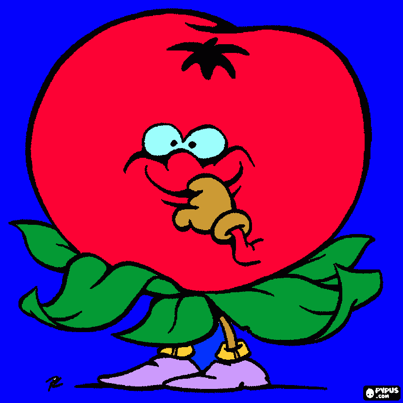 tomate maduro com folhas, olhos, braços e pernas para colorir e imprimir