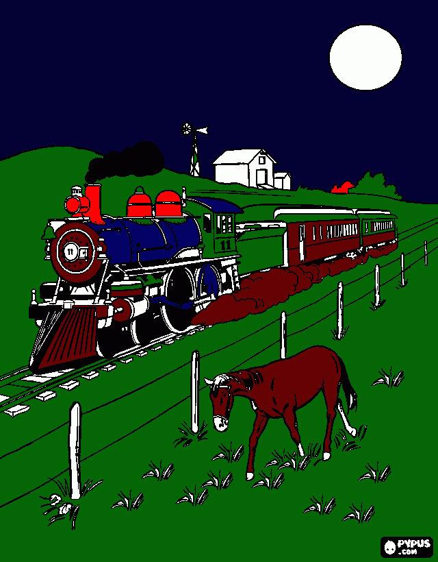 trem passando a noite na fazenda para colorir e imprimir