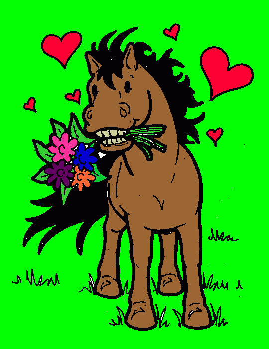 um cavalo com um boque de rosas na boca  rodeado de coração para colorir e imprimir