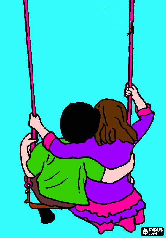 um menino e uma menina se abracando no balanco para colorir e imprimir