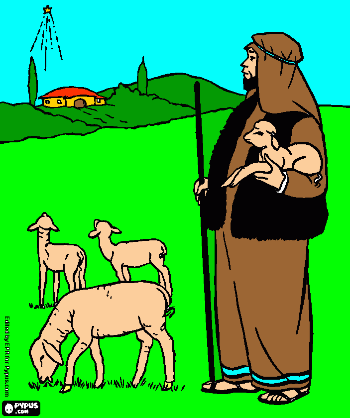 Um Pastor a tratar das ovelhas e a ver a estrela que guia os reis magos para colorir e imprimir
