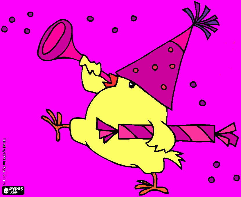 um pintinho comemorando a chegada do Ano-Novo para colorir e imprimir