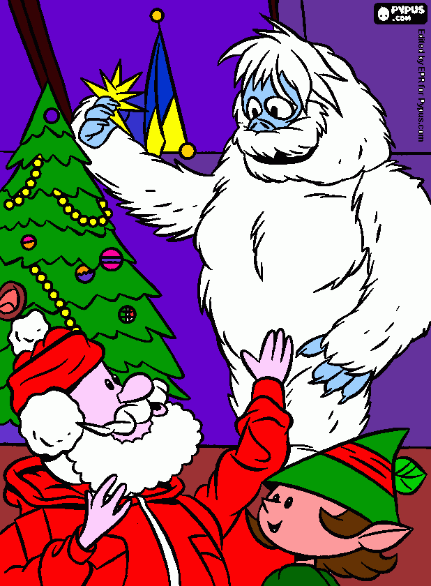 uma arvore de natal com um doende e um yeti e um papai noel  para colorir e imprimir