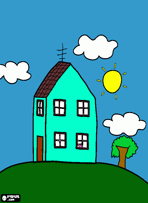 uma casa um sou uma árvorem com uma pessoa dentro para colorir e imprimir