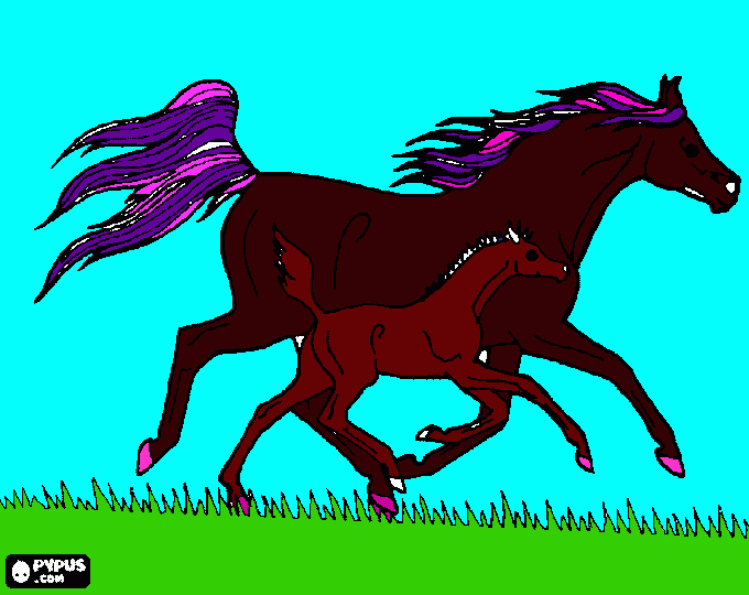 uma egua correndo com seu filho para colorir e imprimir