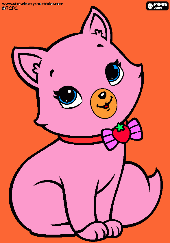 uma gata rosa com olhos azuis e um laço com um morango para colorir e imprimir