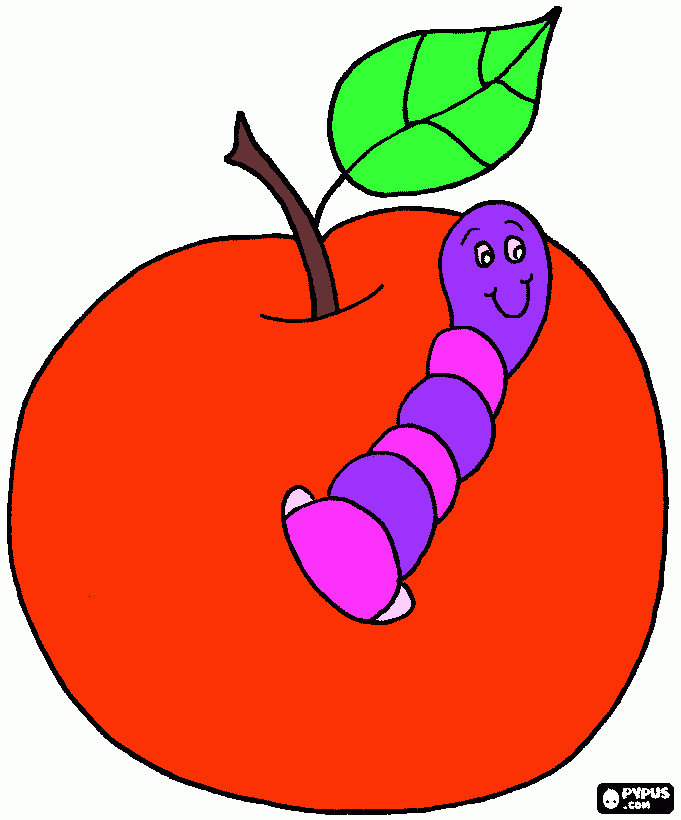 Uma maçã com uma lagarta para colorir e imprimir