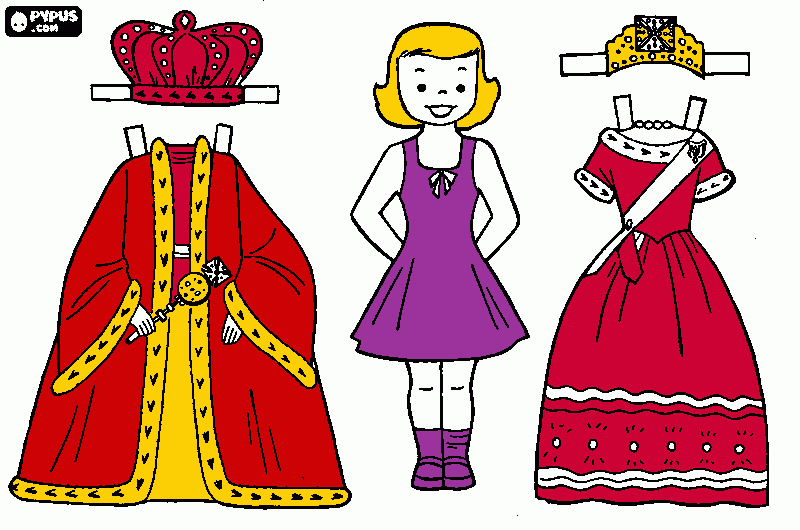uma menina  ea roupas de princesa rainha para colorir e imprimir