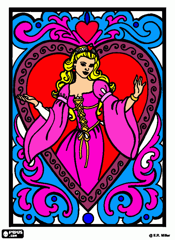 uma princesa de vestido cor-de-rosa,um coração vermelho e roxo e corações vermelhos. para colorir e imprimir