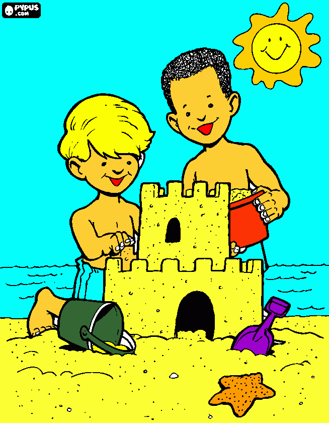 un desenho de crianças fasendo um castelo de areia para colorir e imprimir