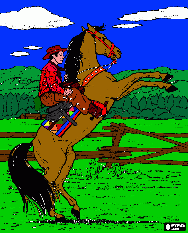 vaqueiro montando num cavalo selvagen para colorir e imprimir