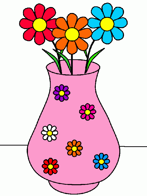 vaso cor rosa com três flores para colorir e imprimir