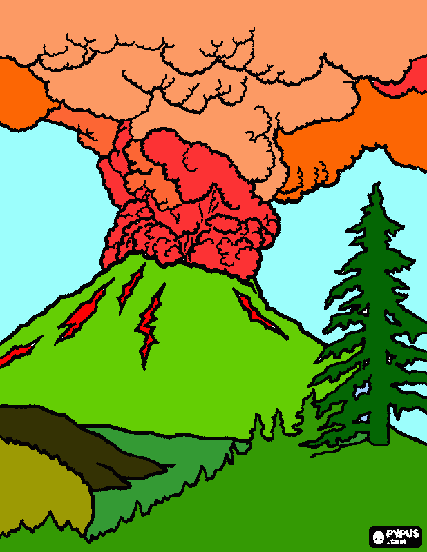 vulcão no vale verde para colorir e imprimir