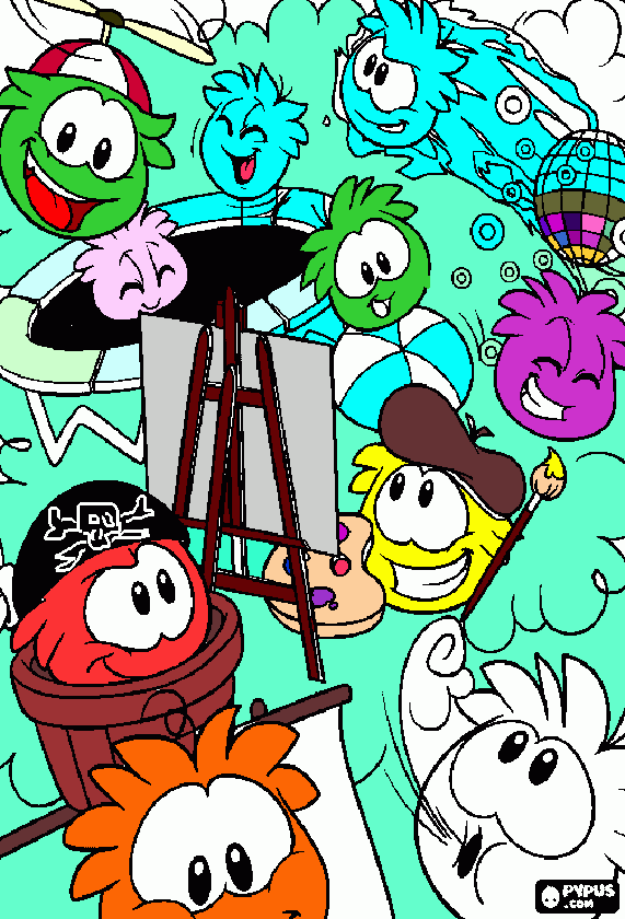 é uma imagem dos meus puffles brincando para colorir e imprimir