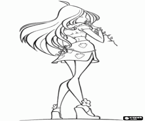 desenho de A fada Flora, com uma flor para colorir