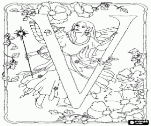desenho de A fada e a letra V no jardim para colorir