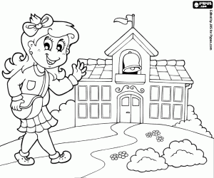desenho de A garota chega a pé para a escola para colorir