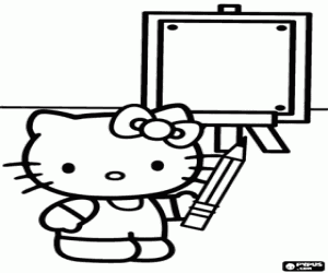 desenho de A gatinha Hello Kitty na escola para colorir
