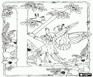 desenho de A letra K com flores e uma fada para colorir