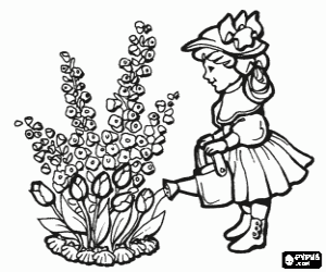 desenho de A menina e as flores da primavera para colorir