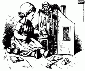 desenho de A menina e a casa de bonecas para colorir