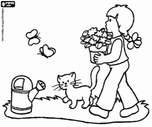 desenho de A menina, o gato e as plantas para colorir
