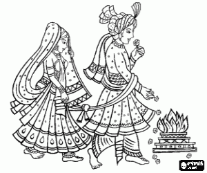 desenho de A noiva e o noivo em um casamento hindu para colorir