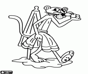 desenho de A pantera cor de rosa desfruta da praia para colorir
