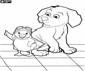 desenho de A patinha de Ming Ming com um filhote de cachorro para colorir