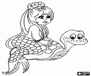 desenho de A pequena sereia e uma tartaruga de mar para colorir