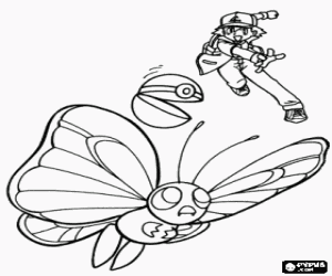 desenho de A Pokébola de Ash e a borboleta para colorir