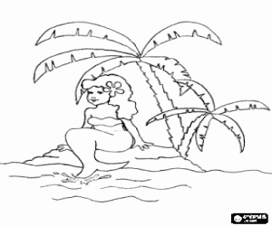 desenho de A sereia em uma ilha tropical para colorir