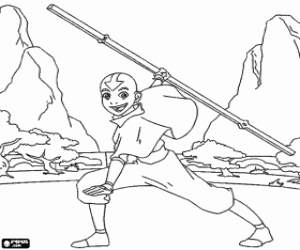 desenho de Aang com o bastão de combate para colorir