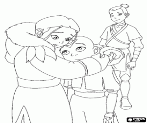 desenho de Aang, Katara e Sokka, para colorir