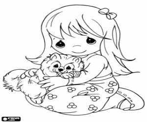 desenho de O abraço da garota e o gatinho para colorir